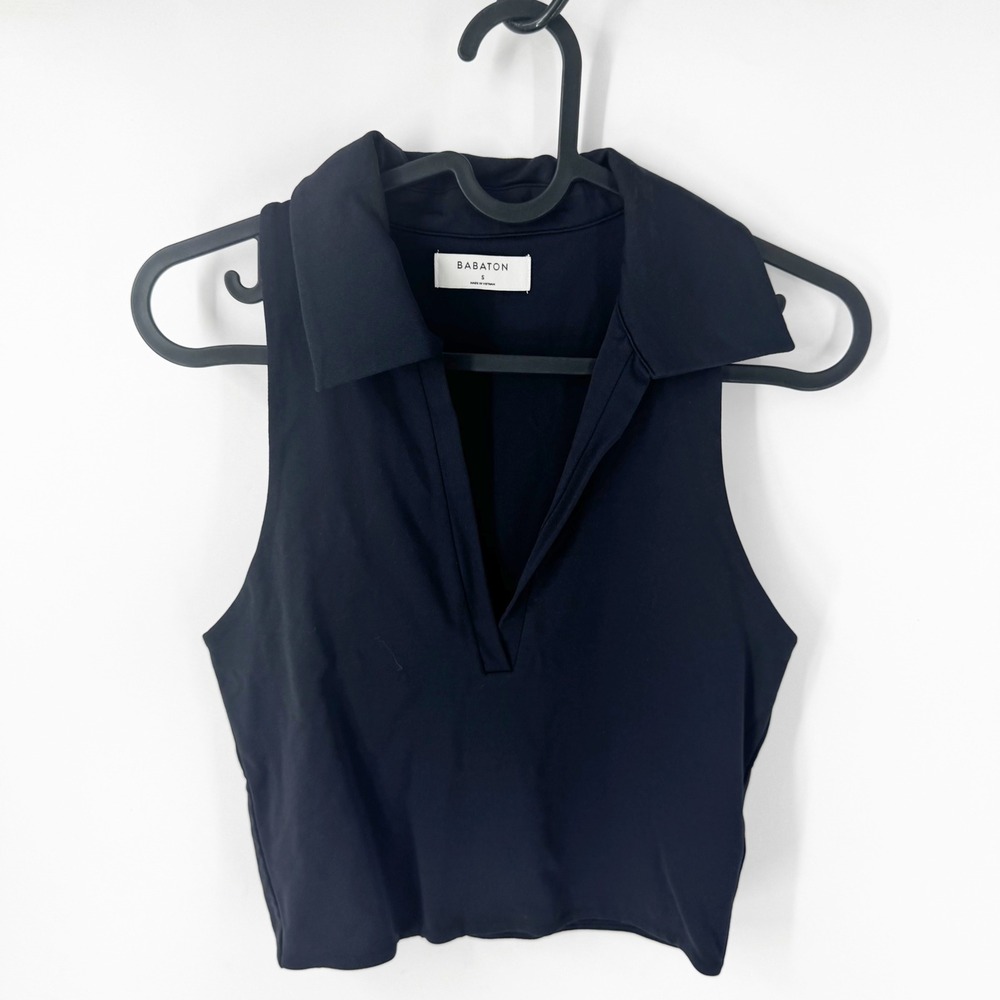 Babaton Contour Sleeveless‎ Polo Top Black Cropped V-Neck Tank 101135 Womens S